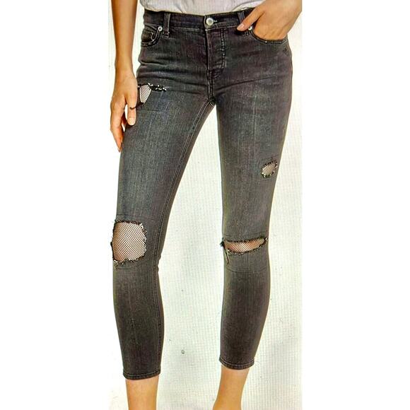 Free People Distressed Fishnet-Inlet Skinny Jeans Tupelo Blue 25 - Picture 4 of 16